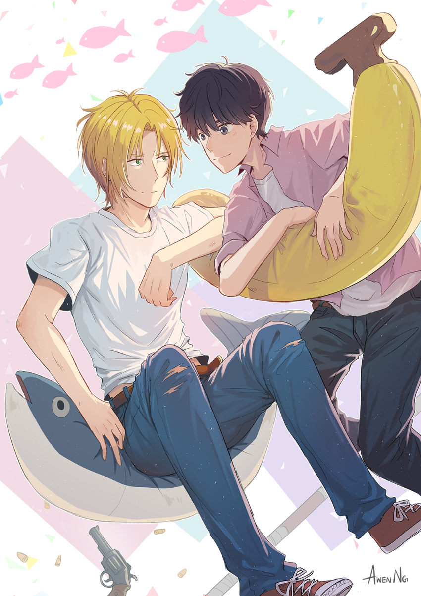 2boys a-wen artist_name ash_lynx banana_fish banana_pillow belt black_pants brown_eyes bullet denim eye_contact fish_pillow green_eyes gun highres jeans looking_at_another male_focus multiple_boys okumura_eiji pants pillow shirt shoes sitting smile sneakers t-shirt torn_clothes torn_jeans torn_pants weapon white_shirt yaoi