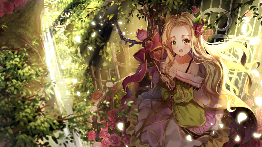1girl :o absurdres balcony bare_shoulders blonde_hair bow brown_eyes dress elf flower green_dress hand_up highres holding holding_wand huge_filesize lium long_hair looking_at_viewer nina_(teria_saga) outdoors petals pointy_ears railing red_bow rose sitting solo teria_saga tree very_long_hair wand water waterfall