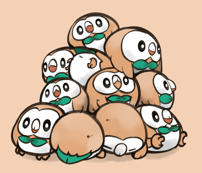 bird brown_background commentary_request creatures_(company) fukurou_(owl222) game_freak gen_7_pokemon looking_at_viewer nintendo no_humans pile pokemon pokemon_(creature) rowlet simple_background
