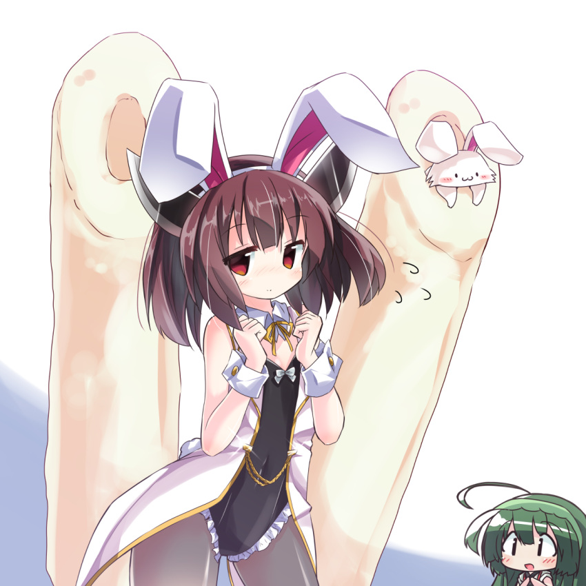 2girls animal animal_ears bangs bare_shoulders black_leotard blush brown_hair brown_legwear bunny_girl bunnysuit chibi closed_mouth commentary_request detached_collar dress eyebrows_visible_through_hair flying_sweatdrops green_hair hair_between_eyes hairband hands_up headgear highres jacket leotard long_hair multiple_girls neck_ribbon pantyhose rabbit rabbit_ears red_eyes ribbon ryogo shirt short_sleeves sleeveless_jacket smile solo_focus standing strapless strapless_dress touhoku_kiritan touhoku_zunko voiceroid white_collar white_hairband white_jacket white_shirt wing_collar wrist_cuffs yellow_ribbon