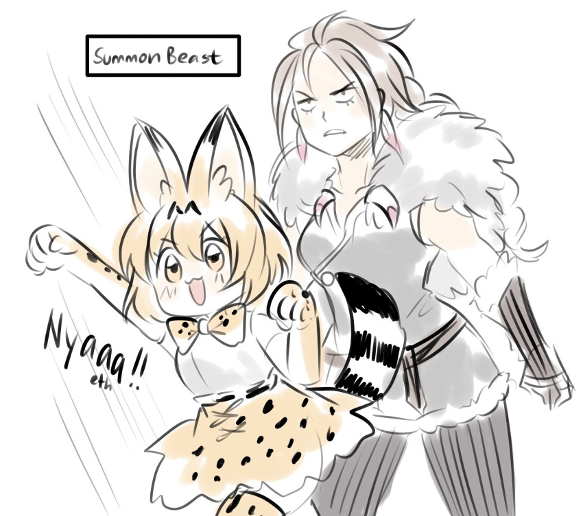 2girls animal animal_ears aubz blonde_hair braid cape extra_ears fur_trim gameplay_mechanics gloves h'aanit_(octopath_traveler) highres kemono_friends long_hair multiple_girls octopath_traveler open_mouth ponytail serval serval_(kemono_friends) serval_ears serval_print serval_tail shirt simple_background single_braid sleeveless sleeveless_shirt striped_tail tail