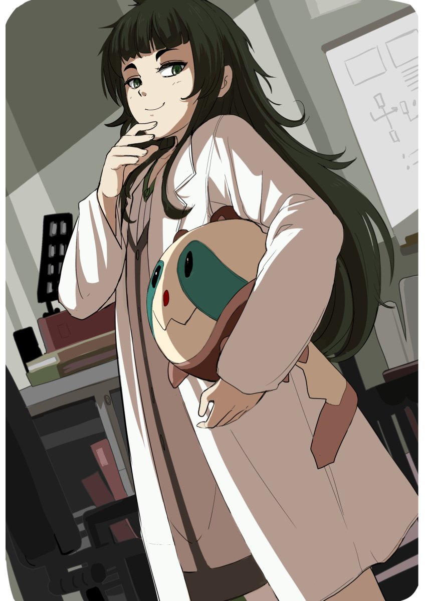 1girl arcsinus bangs black_hair blunt_bangs book carrying_under_arm chair cowboy_shot cushion dutch_angle flat_chest green_eyes highres hiyajou_maho labcoat long_sleeves looking_at_viewer poster_(object) shirt smile solo standing steins;gate steins;gate_0 upa_(steins;gate)