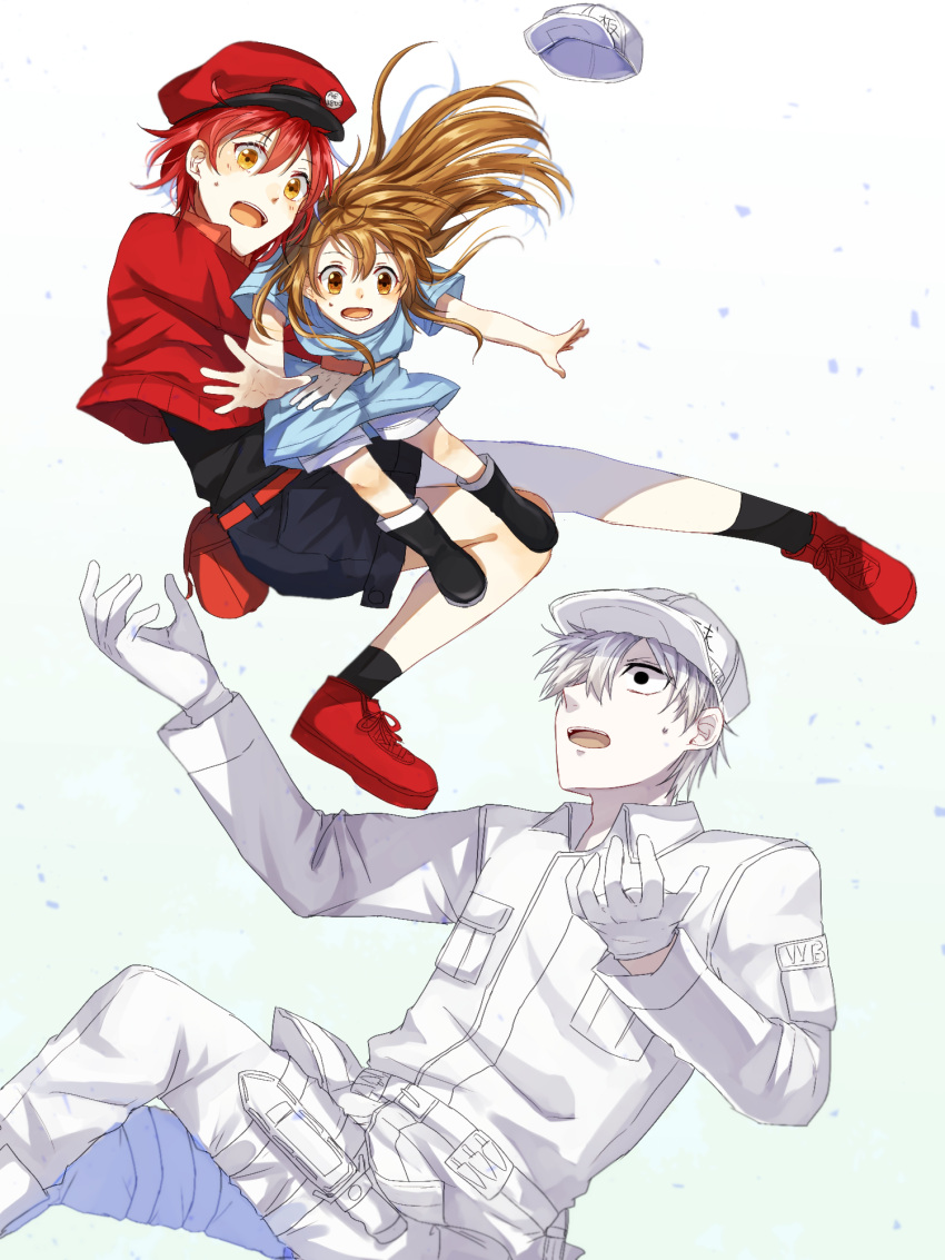 1boy 2girls ae-3803 bag baseball_cap black_eyes black_footwear black_shirt blue_shirt boots brown_eyes brown_hair cabbie_hat collared_shirt cross-laced_footwear falling gloves hair_over_one_eye hat hat_removed hataraku_saibou headwear_removed highres jacket knife long_hair multiple_girls no_pupils open_mouth orange_eyes pants platelet_(hataraku_saibou) red_blood_cell_(hataraku_saibou) red_footwear red_hat red_jacket redhead satchel shirt shoes short_hair short_shorts shorts socks sweatdrop t-shirt u-1146 white_blood_cell_(hataraku_saibou) white_gloves white_hair white_hat white_pants white_shirt white_skin yayoi_(chepiiii23)