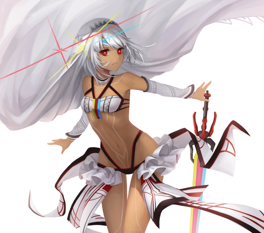 1girl ain_(3990473) altera_(fate) bangs bare_shoulders blunt_bangs breasts choker closed_mouth collarbone commentary_request dark_skin detached_sleeves expressionless fate/extella fate/extra fate/grand_order fate_(series) full_body_tattoo headdress highres hips holding holding_sword holding_weapon jewelry midriff navel photon_ray red_eyes revealing_clothes short_hair showgirl_skirt simple_background skirt small_breasts solo standing stomach stomach_tattoo sword tan tattoo thighs veil weapon white_background white_hair white_skirt