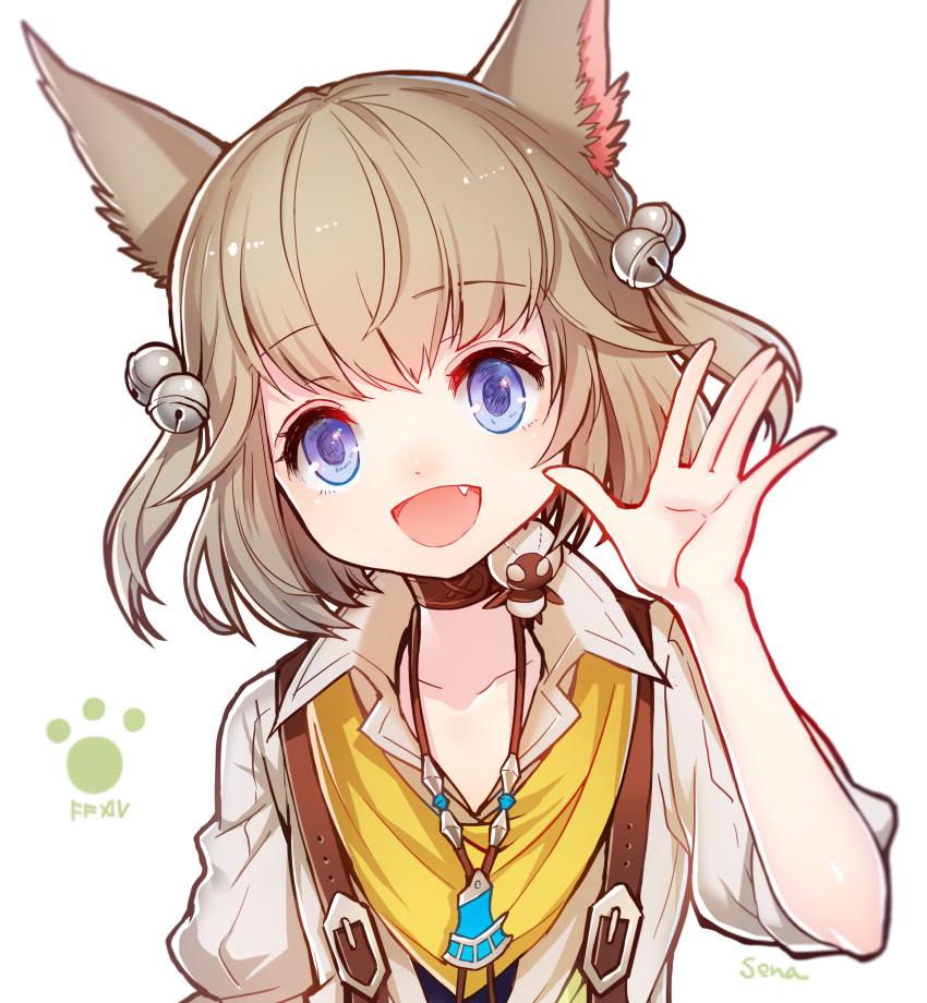 1girl :d absurdres animal_ears bell blue_eyes brown_choker cat_ears choker collarbone copyright_name eyebrows_visible_through_hair fang final_fantasy final_fantasy_xiv hair_bell hair_ornament hand_up highres jewelry jingle_bell khloe_aliapoh light_brown_hair looking_at_viewer miqo'te necklace open_mouth paw_print senano-yu short_hair smile solo upper_body white_background
