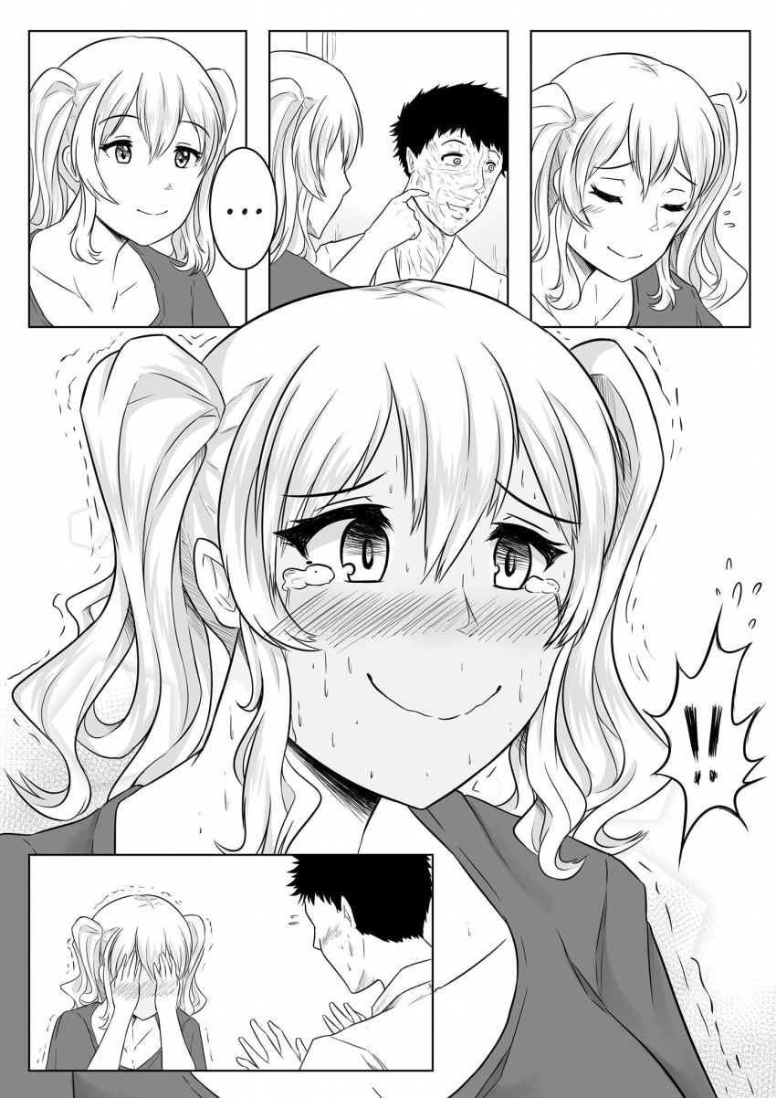 !! ... 1boy 1girl blush comic covering_face embarrassed full-face_blush highres kantai_collection kashima_(kantai_collection) monochrome robba-san_(wangphing) spoken_ellipsis tears trembling twintails wangphing