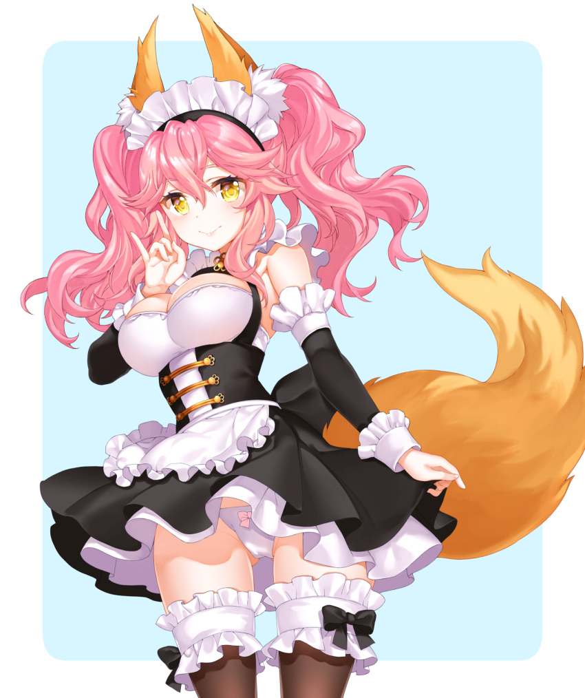 1girl \n/ animal_ears apron bangs black_bow black_dress blue_background blush bow bow_panties breasts brown_legwear closed_mouth commentary_request cowboy_shot detached_sleeves dress eyebrows_visible_through_hair fate/grand_order fate_(series) fox_ears fox_girl fox_tail frilled_apron frilled_legwear frills hair_between_eyes highres large_breasts long_hair long_sleeves maid maid_headdress panties pink_hair pleated_dress shiosoda sleeveless sleeveless_dress smile solo tail tamamo_(fate)_(all) tamamo_no_mae_(fate) thigh-highs twintails two-tone_background underwear waist_apron white_apron white_background white_panties yellow_eyes