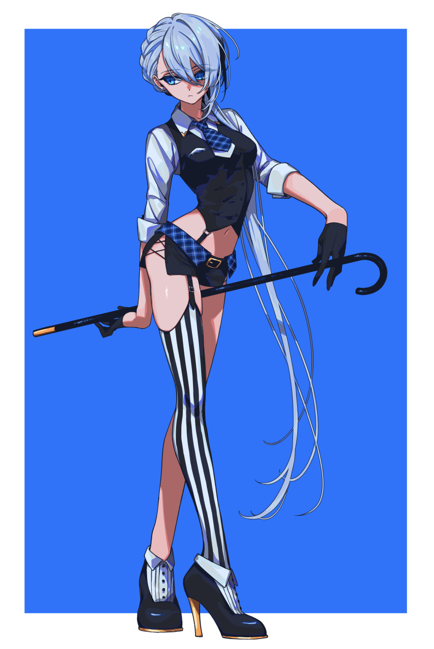 1girl absurdres arm_behind_back asymmetrical_legwear belt between_legs blue_eyes blue_hair braid breasts cane closed_mouth collared_shirt expressionless french_braid full_body garter_belt hair_between_eyes hair_ornament high_heels highres itou_(very_ito) long_hair looking_away midriff miniskirt navel necktie original ponytail shirt single_thighhigh skirt sleeves_rolled_up small_breasts solo standing striped striped_legwear thigh-highs two-tone_background very_long_hair vest