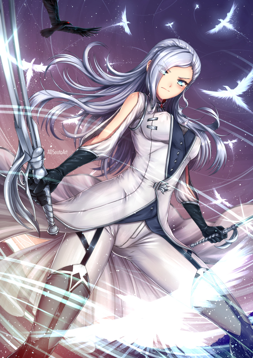 1girl adsouto alternate_hairstyle artist_name bird blue_eyes blush breasts closed_mouth dual_wielding eyebrows_visible_through_hair eyes_visible_through_hair garter_straps gloves hair_over_one_eye highres holding large_breasts long_hair looking_at_viewer pants raven_(animal) rwby silver_hair sky solo star_(sky) starry_sky sunset sword thigh-highs uniform watermark weapon white_hair wind winter_schnee