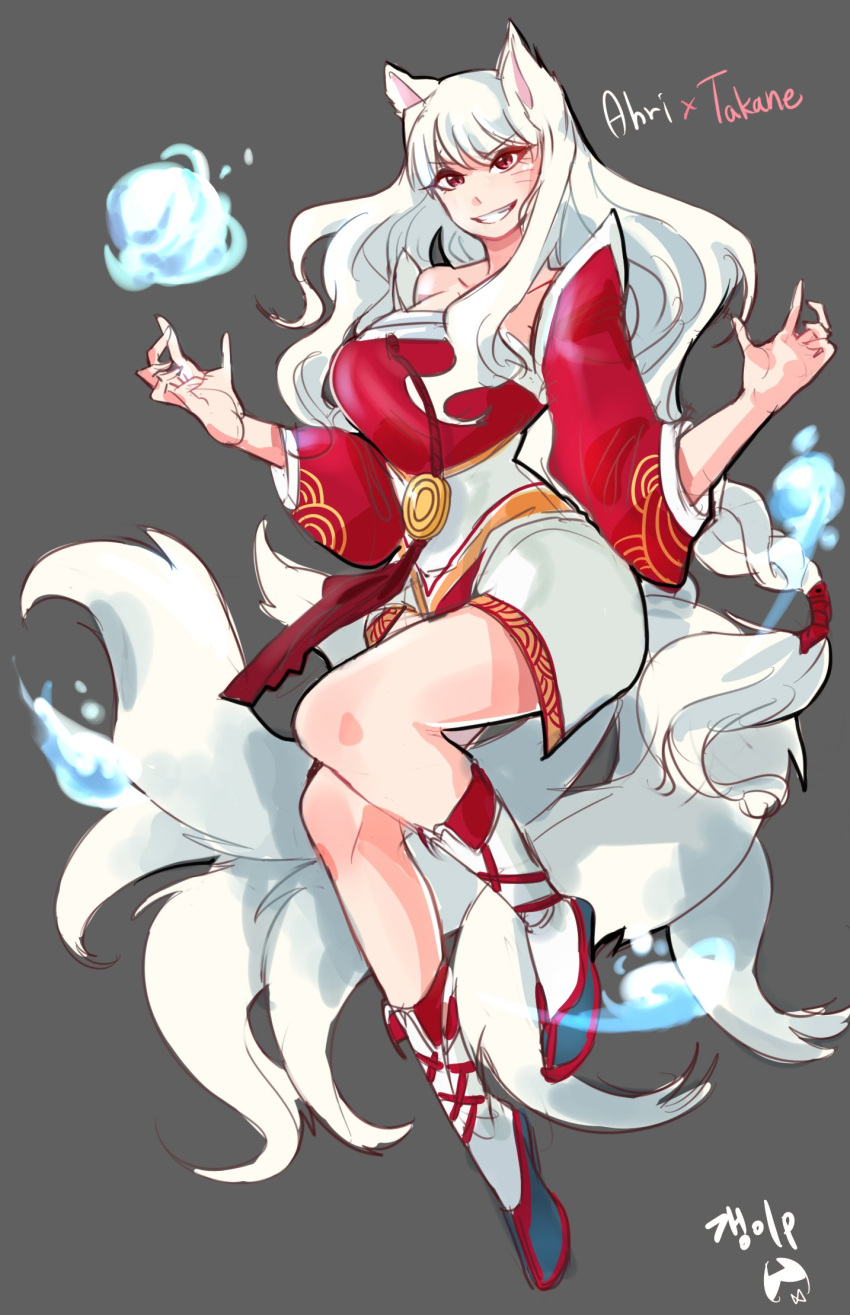 1girl :d ahri animal_ears boots commentary_request fox_ears fox_tail full_body fusion grey_background hands_up highres idolmaster idolmaster_(classic) korean korean_commentary league_of_legends long_hair looking_at_viewer multiple_tails open_mouth red_eyes shijou_takane signature simple_background smile solo tail tuxedo_de_cat very_long_hair whisker_markings white_hair