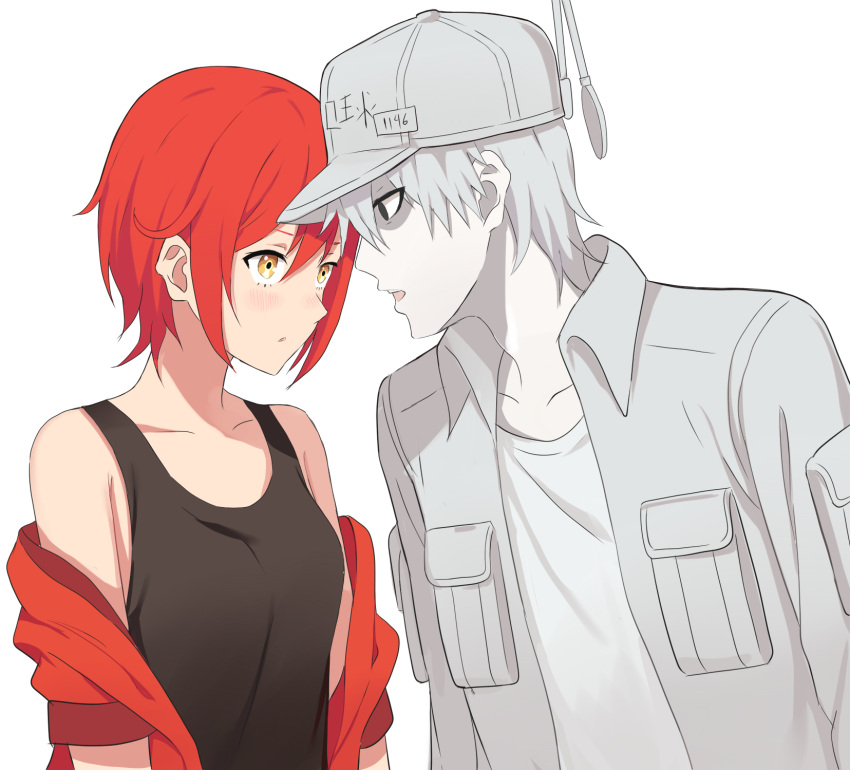 1boy 1girl black_shirt blush clothes_down collarbone couple grey_hat grey_jacket hataraku_saibou highres jacket kenkaizar open_clothes open_jacket open_mouth parted_lips red_blood_cell_(hataraku_saibou) red_jacket redhead shirt short_hair silver_hair simple_background sleeveless sleeveless_shirt upper_body white_background white_blood_cell_(hataraku_saibou) white_shirt white_skin yellow_eyes