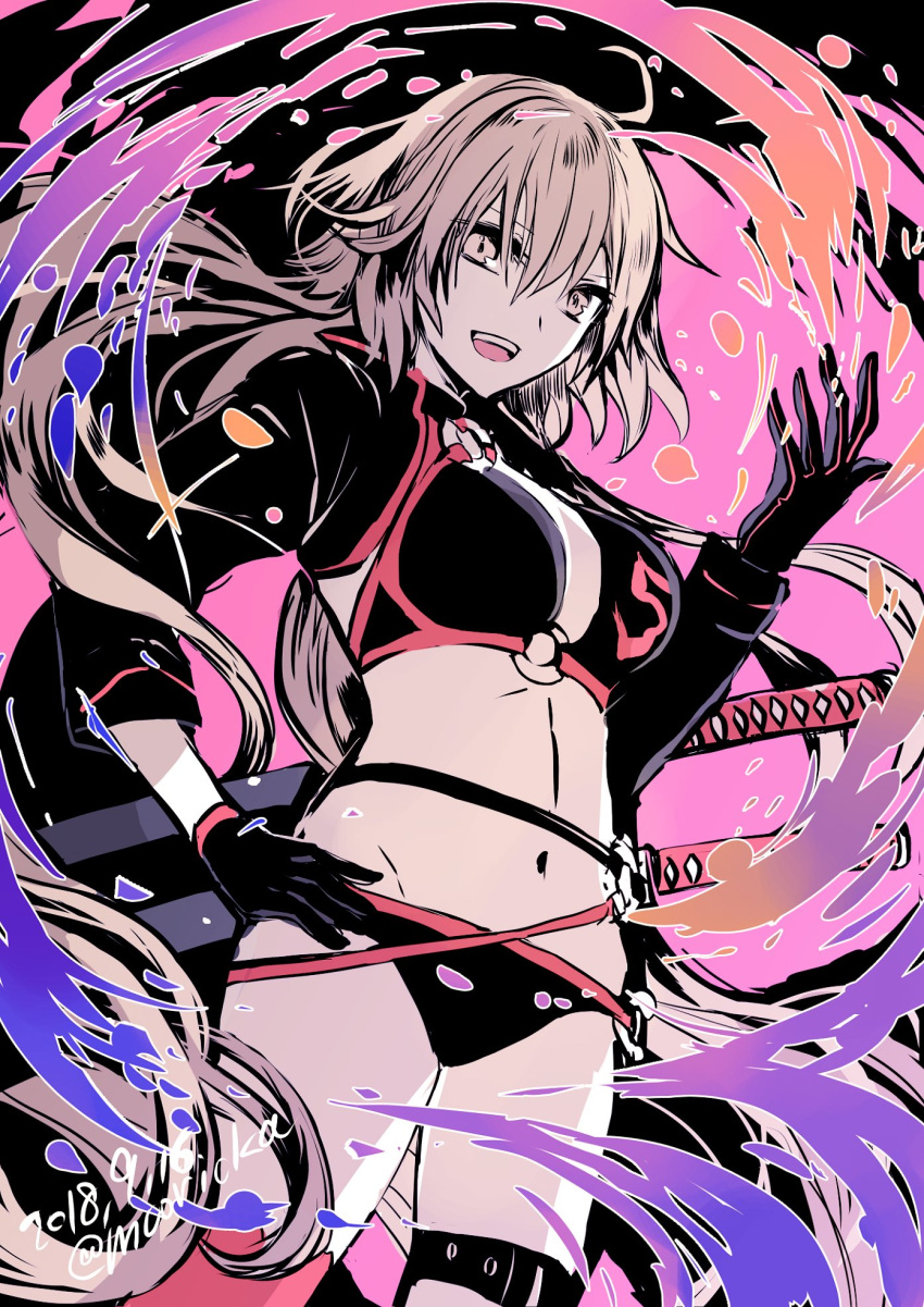 1girl ahoge bangs bikini black_bikini black_choker black_gloves black_jacket breasts choker cleavage collarbone commentary_request cropped_jacket fate/grand_order fate_(series) gloves hair_between_eyes highres jacket jeanne_d'arc_(alter_swimsuit_berserker) jeanne_d'arc_(fate)_(all) katana large_breasts long_hair looking_at_viewer multicolored multicolored_background navel o-ring o-ring_bikini o-ring_bottom o-ring_top open_mouth red_legwear rioka_(southern_blue_sky) shrug_(clothing) silver_hair single_thighhigh solo swimsuit sword thigh-highs thigh_strap twitter_username waist weapon yellow_eyes