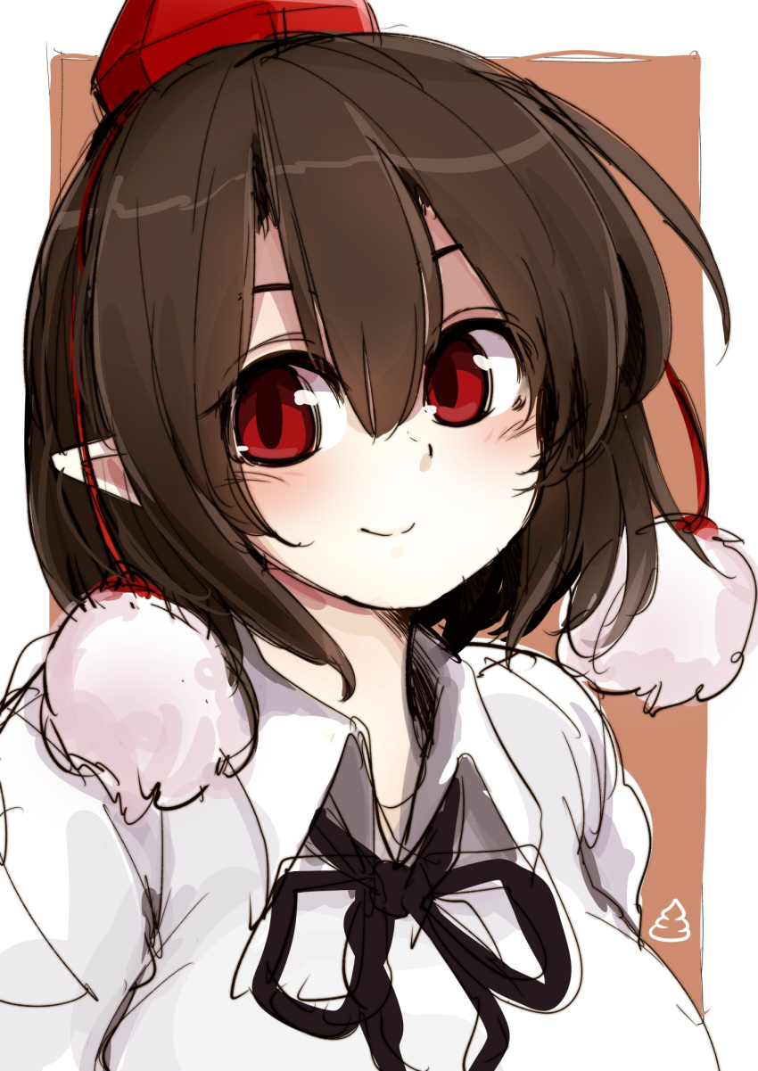 1girl azumaya_toushirou bangs black_neckwear black_ribbon blush border breasts brown_background brown_hair commentary_request hair_between_eyes hat highres large_breasts looking_at_viewer neck_ribbon outside_border pointy_ears pom_pom_(clothes) poop puffy_short_sleeves puffy_sleeves red_eyes ribbon shameimaru_aya shirt short_hair short_sleeves simple_background sketch smile solo tassel tokin_hat touhou upper_body white_border white_shirt wing_collar