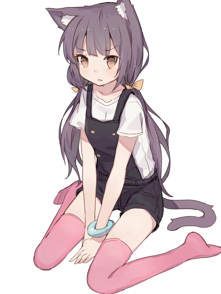 1girl animal_ears between_legs black_shorts brown_eyes cat_ears cat_tail eyebrows_visible_through_hair fang frown hand_between_legs highres long_hair looking_at_viewer low_twintails original overall_shorts parted_lips pink_legwear shirt shone short_sleeves shorts simple_background sitting sketch solo tail thigh-highs twintails v-shaped_eyebrows white_background white_shirt