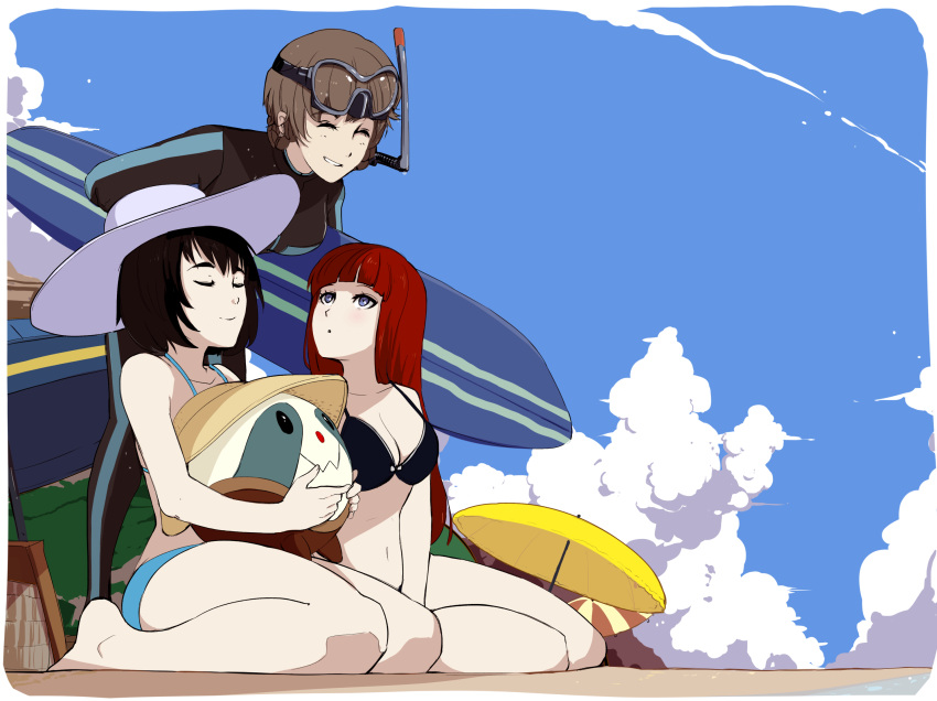 3girls amane_suzuha arcsinus bangs barefoot beach beach_umbrella bikini black_bikini black_hair blue_bikini blue_eyes blunt_bangs breasts brown_hair cleavage closed_eyes clouds cloudy_sky diving_suit full_body grin hat highres long_hair looking_at_another medium_breasts multiple_girls navel redhead shiina_kagari shiina_mayuri short_hair sitting sky smile snorkel standing steins;gate steins;gate_0 straight_hair sun_hat surfboard swimsuit umbrella upa_(steins;gate)