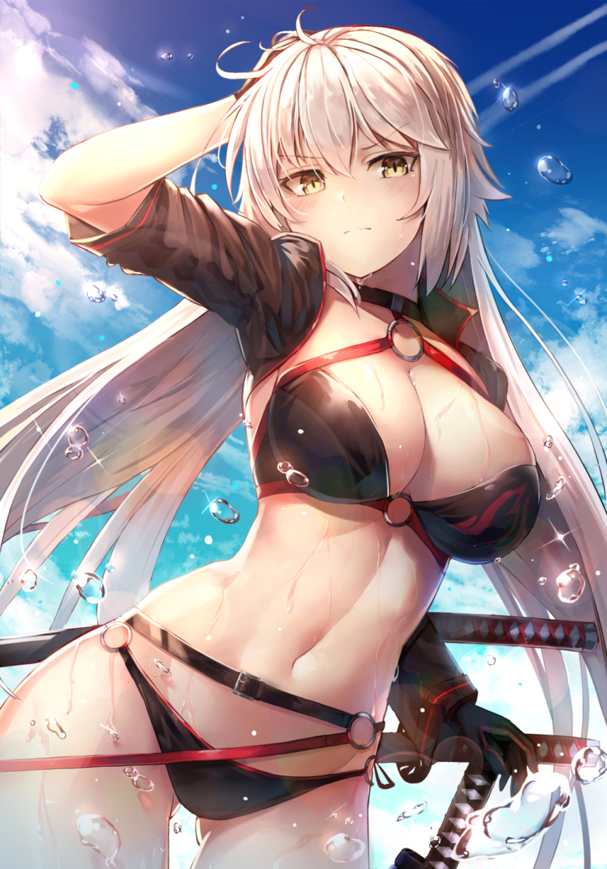 1girl ahoge ass_visible_through_thighs bangs bikini black_bikini black_jacket blue_sky blush breasts brown_eyes choker cleavage closed_mouth clouds cloudy_sky collarbone commentary cowboy_shot cropped_jacket day eyebrows_visible_through_hair fate/grand_order fate_(series) gloves groin hair_between_eyes hand_on_hilt hand_on_own_head highres hips jacket jeanne_d'arc_(alter_swimsuit_berserker) jeanne_d'arc_(fate)_(all) katana large_breasts long_hair looking_at_viewer motokonut multiple_swords navel o-ring o-ring_bikini o-ring_bottom o-ring_top outdoors sheath sheathed sidelocks skindentation sky solo stomach sunlight swimsuit sword thighs very_long_hair water_drop weapon wet yellow_eyes