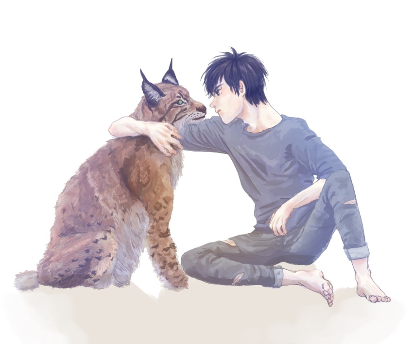 1boy banana_fish barefoot black_eyes black_hair black_pants eye_contact green_eyes looking_at_another lynx_(animal) male_focus mika07 okumura_eiji pants simple_background sitting solo torn_clothes torn_pants white_background