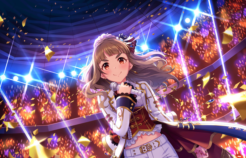 1girl artist_request bangs belt blunt_bangs blush brown_hair confetti earrings eyebrows frills hair_bun hair_ornament highres holding holding_microphone idol idolmaster idolmaster_cinderella_girls idolmaster_cinderella_girls_starlight_stage jacket jewelry kamiya_nao lace lights long_hair long_sleeves looking_at_viewer microphone midriff navel official_art red_eyes ring shorts smile solo stage standing sweat thick_eyebrows wavy_hair