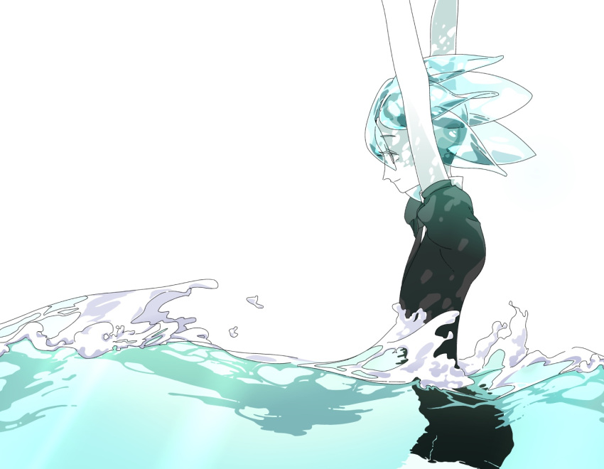 1other aaaa_(pinkume39goya) androgynous aqua_eyes aqua_hair arms_up crystal_hair eyes_visible_through_hair gem_uniform_(houseki_no_kuni) houseki_no_kuni light_smile necktie partially_submerged phosphophyllite short_hair solo water waves white_background