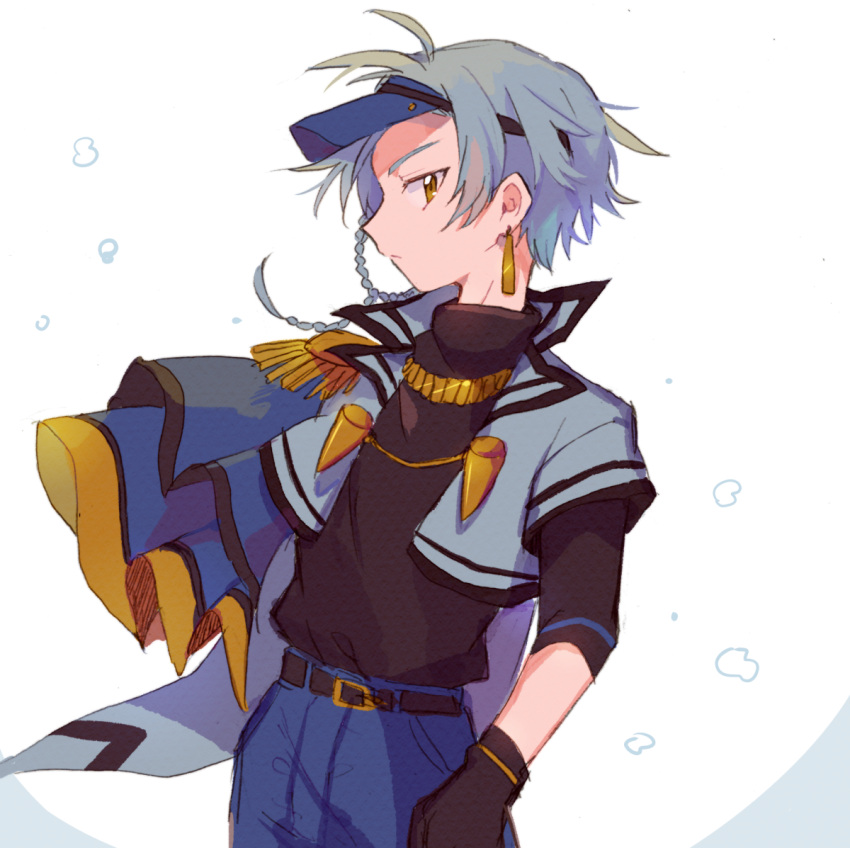 1boy ahoge belt black_gloves black_shirt blue_capelet blue_pants braid capelet clawitzer creatures_(company) earrings epaulettes game_freak gen_6_pokemon gloves jewelry light_blue_hair male_focus nintendo pants personification pokemon shirt sketch solo standing visor_cap yellow_eyes