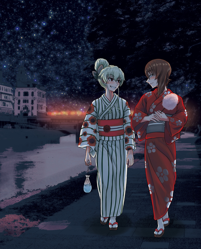 2girls alternate_costume anchovy bow cotton_candy fish full_body girls_und_panzer goldfish green_hair hair_bow hair_bun highres japanese_clothes kimono long_hair looking_at_another multiple_girls night night_sky nishizumi_maho outdoors red_eyes red_kimono sky striped striped_kimono summer summer_festival tatami_san_tatami yukata