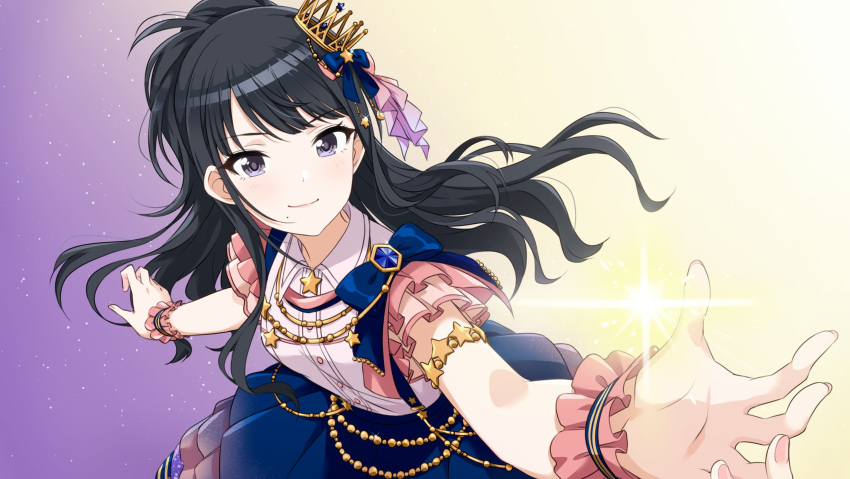 1girl black_eyes black_hair commentary_request costume crown highres idolmaster idolmaster_shiny_colors kazano_hiori long_hair looking_at_viewer mini_crown mole mole_under_mouth nagami_tami ponytail short_sleeves simple_background solo star wristband