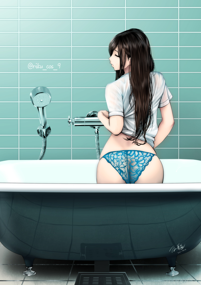 1girl ass bangs bath bathroom bathtub black_hair blue_panties butt_crack closed_eyes from_behind highres indoors kneeling lace lace_panties lifted_by_self long_hair panties parted_lips real_life reference_work reflection shirt shirt_lift shower_head sidelocks skindentation solo souryu tile_floor tiles underwear wet wet_clothes wet_shirt white_shirt