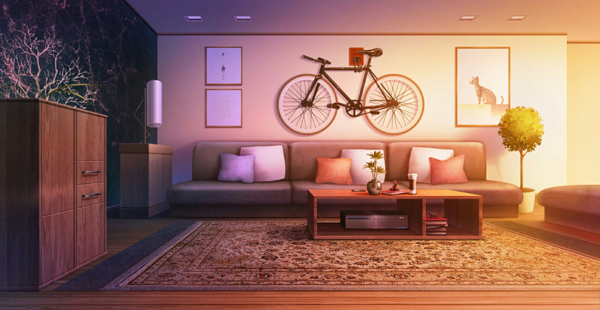 bicycle book book_stack cabinet couch cup cushion day ground_vehicle highres indoors lamp no_humans original painting_(object) plant potted_plant rkmlady rug sunset table