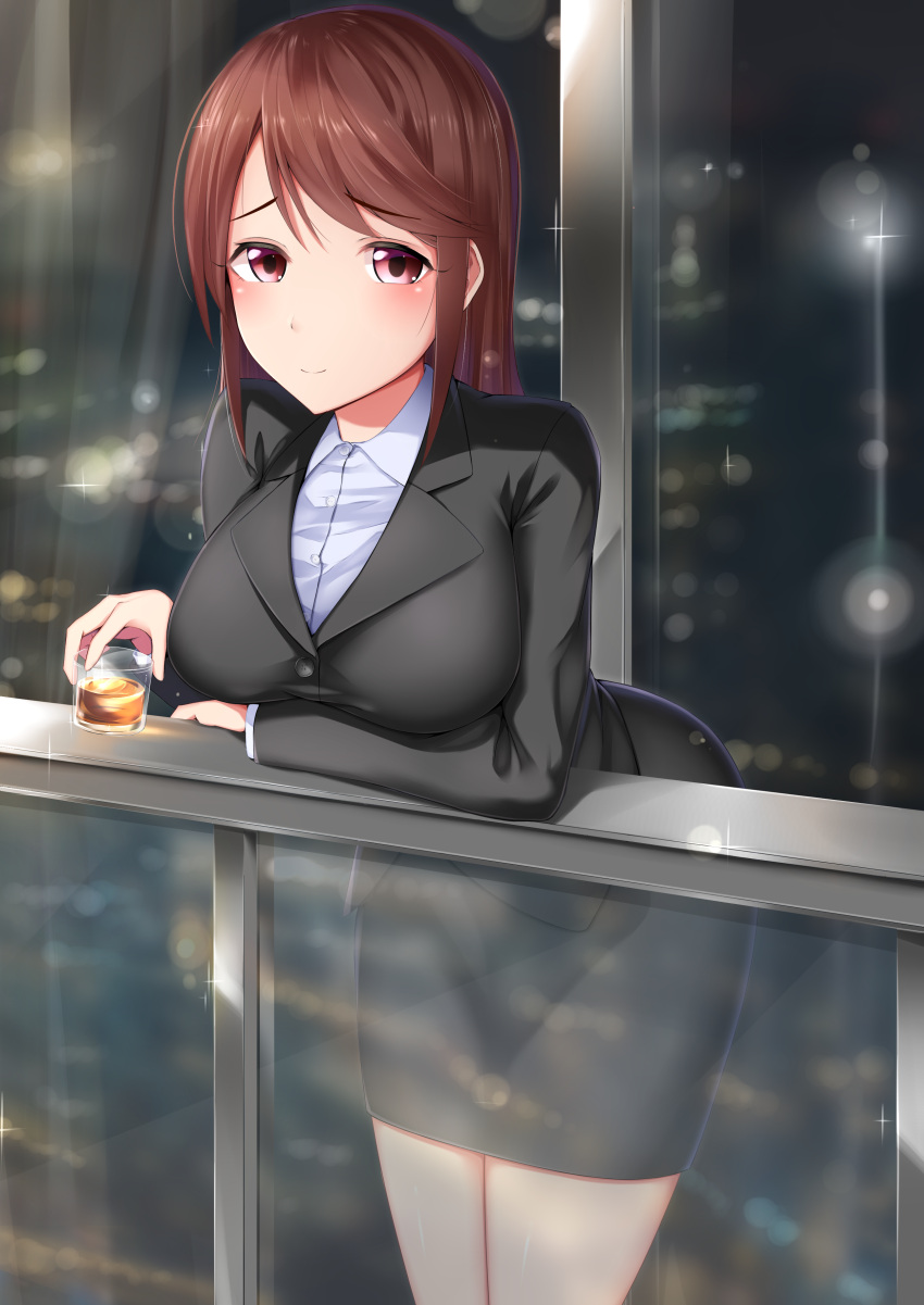 1girl absurdres alternate_costume bangs black_jacket breasts brown_hair collared_shirt cowboy_shot cup drinking_glass eyebrows_visible_through_hair formal highres holding holding_cup idolmaster idolmaster_cinderella_girls jacket large_breasts long_hair looking_at_viewer mifune_miyu office_lady red_eyes shirt skirt_suit smile solo suit swept_bangs white_shirt yigra_don