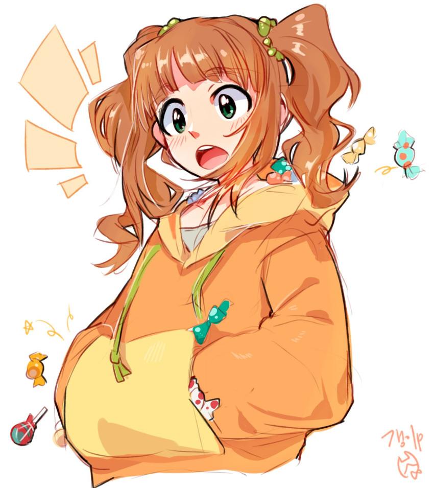 1girl bangs blunt_bangs brown_hair candy eyebrows_visible_through_hair food green_eyes hair_ornament hair_scrunchie hands_in_pocket highres hood hoodie idolmaster idolmaster_(classic) long_sleeves notice_lines open_mouth orange_hoodie round_teeth scrunchie signature simple_background sketch solo takatsuki_yayoi teeth tuxedo_de_cat twintails white_background