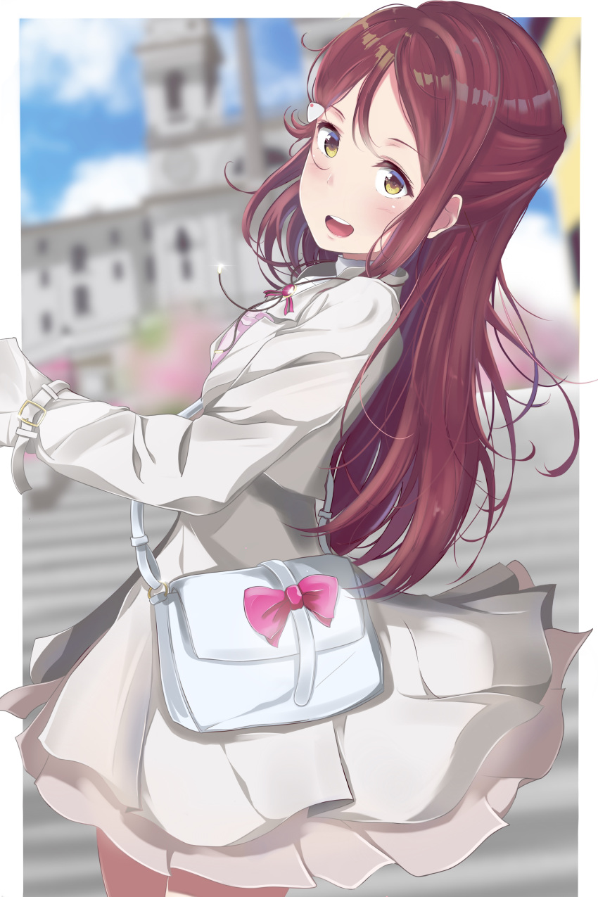 1girl absurdres artist_request bag bangs birthday commentary_request hair_ornament half_updo highres jacket jewelry long_hair love_live! love_live!_sunshine!! necklace pink_ribbon redhead ribbon sakurauchi_riko shoulder_bag sidelocks solo stairs yellow_eyes