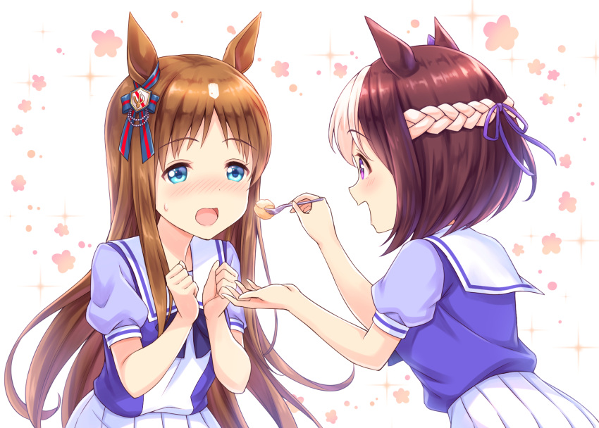 2girls :d animal_ears blue_eyes blush braid brown_hair clenched_hands eyebrows_visible_through_hair feeding food fork grass_wonder highres holding holding_fork horse_ears leaning_forward long_hair looking_at_another multicolored_hair multiple_girls nose_blush open_mouth profile ribbon school_uniform serafuku short_sleeves skirt smile sparkle special_week striped striped_ribbon sweatdrop tomo_(user_hes4085) two-tone_hair umamusume very_long_hair violet_eyes white_background white_hair white_skirt