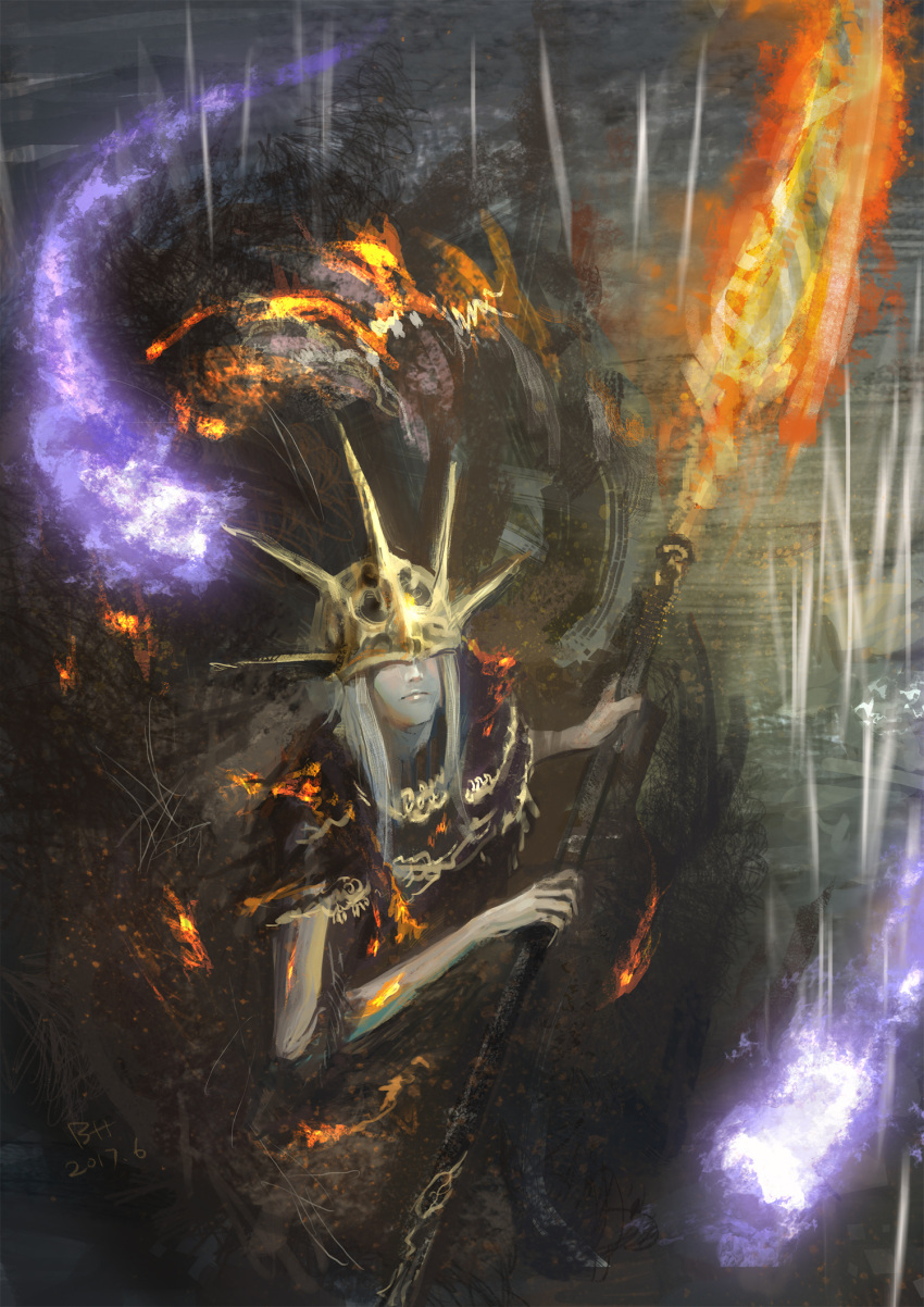 1boy aldrich_devourer_of_gods bhpapaya dark dark_souls dark_souls_iii fire glowing halberd helmet highres holding jewelry long_hair looking_up magic mask monster pale_skin polearm robe souls_(from_software) straight_hair weapon white_hair