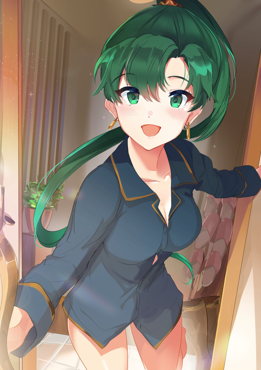 1girl absurdres blush breasts fire_emblem fire_emblem:_rekka_no_ken fire_emblem_heroes green_eyes green_hair high_ponytail highres long_hair looking_at_viewer lyndis_(fire_emblem) naked_shirt nintendo open_mouth ormille ponytail shirt simple_background smile solo