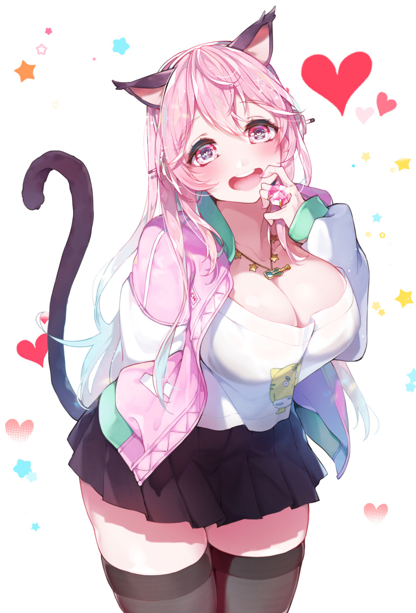 1girl animal_ears aqua_hair black_skirt blush breasts cat_ears cat_tail cleavage eyebrows_visible_through_hair headphones heart highres jacket kanola_u large_breasts letterman_jacket long_hair looking_at_viewer miniskirt multicolored_hair nail_polish nitroplus open_mouth pink_eyes pink_hair pink_jacket pleated_skirt shirt skindentation skirt smile solo super_sonico symbol-shaped_pupils t-shirt tail thigh-highs thighs two-tone_hair virtual_youtuber white_jacket