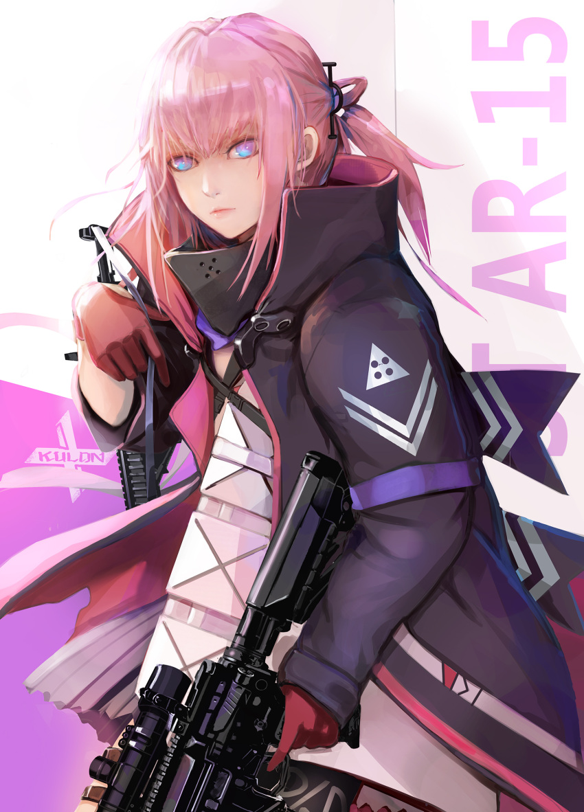 1girl ar-15 armband armor assault_rifle bangs blue_eyes blush character_name closed_mouth clothes_writing coat commentary dress dual_wielding floating_hair gas_mask girls_frontline gloves gun hair_between_eyes hair_ornament highres holding holding_gun holding_weapon holster jacket long_hair looking_at_viewer magazine_(weapon) mod3_(girls_frontline) multicolored multicolored_eyes multicolored_hair open_clothes open_coat pink_eyes pink_hair ponytail rifle scarf scope sidelocks signature skindentation solo st_ar-15_(girls_frontline) strap streaked_hair thigh-highs thigh_holster thigh_strap torn_jacket trigger_discipline weapon wind wind_lift x-kulon