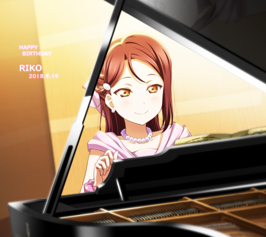 1girl anibache character_name dated earrings grand_piano hair_ribbon happy_birthday instrument jewelry long_hair love_live! love_live!_sunshine!! music necklace omoi_yo_hitotsu_ni_nare pearl_necklace piano pink_ribbon pink_scrunchie playing_instrument playing_piano polka_dot polka_dot_scrunchie redhead ribbon sakurauchi_riko scrunchie sheet_music smile solo wrist_scrunchie yellow_eyes