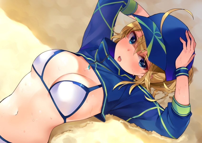 1girl ahoge arms_up artoria_pendragon_(all) bangs baseball_cap bikini blonde_hair blue_eyes blue_hat blush breasts commentary_request eyebrows_visible_through_hair fate/grand_order fate_(series) hair_between_eyes hands_on_headwear hat high_collar long_sleeves looking_at_viewer lying medium_breasts mirei mysterious_heroine_xx_(foreigner) navel on_back open_mouth ponytail sand shadow short_hair shrug_(clothing) solo sparkle stomach sweat swimsuit upper_body white_bikini wristband zipper