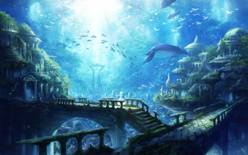 1girl animal architecture bell bird chitose_rin cityscape fish highres landscape moss original pillar railing scenery stairs tree underwater whale
