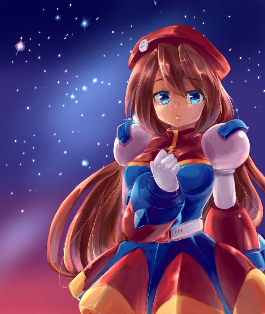 1girl alternate_eye_color android beret blue_eyes blush breasts brown_hair capcom dress eyebrows_visible_through_hair gloves hair_between_eyes hand_on_own_chest hat highres iris_(rockman_x) long_hair looking_at_viewer medium_breasts military_hat night night_sky rockman rockman_x rockman_x4 sky solo star_(sky) starry_sky t-miyachi white_gloves