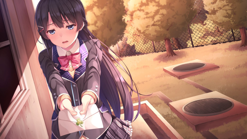 1girl black_jacket blazer blue_eyes bow bowtie brown_hair clover floating_hair frilled_skirt frills grey_skirt hair_ornament highres holding_letter jacket long_hair looking_at_viewer miniskirt nijisanji open_mouth outdoors pink_bow pleated_skirt school_uniform shirt skirt solo standing tsukino_mito very_long_hair white_shirt yuuri_nayuta