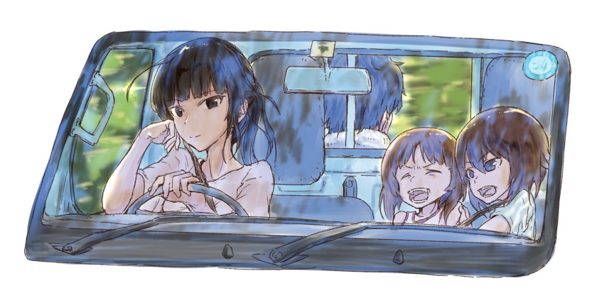 1boy 3girls alternate_hairstyle bangs black_eyes black_hair blunt_bangs blurry blurry_background brown_eyes brown_hair car_interior chin_rest closed_eyes closed_mouth commentary driving family father_and_daughter girls_und_panzer goripan ground_vehicle hair_up highres husband_and_wife light_smile looking_at_another looking_at_viewer mother_and_daughter motion_blur motor_vehicle multiple_girls nishizumi_maho nishizumi_miho nishizumi_shiho nishizumi_tsuneo open_mouth rear-view_mirror shirt short_sleeves siblings sisters smile tank_top truck white_shirt younger
