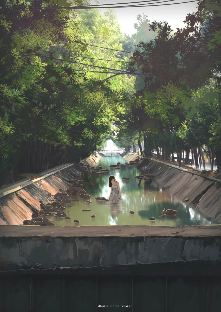 1girl absurdres artist_name bare_arms bare_shoulders black_eyes black_hair bridge day dress faiz_azhar highres long_hair original outdoors reflection ripples river sky solo standing tree wading white_dress