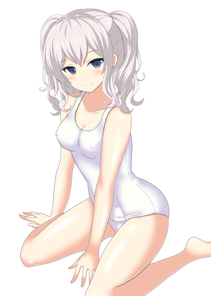 alternate_costume blue_eyes blush breasts closed_mouth eyebrows_visible_through_hair grey_hair highres kantai_collection kashima_(kantai_collection) long_hair medium_breasts nendoroya school_swimsuit simple_background smile swimsuit white_background white_school_swimsuit white_swimsuit