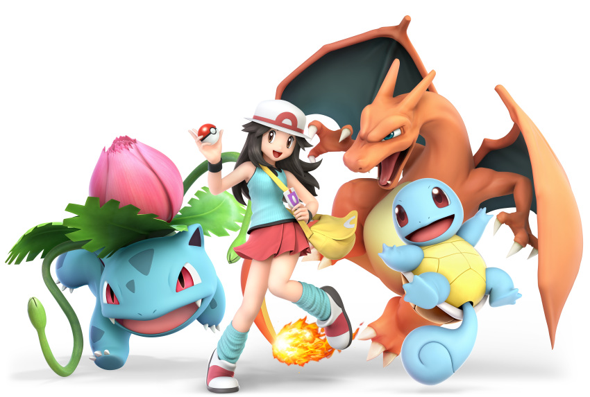 1girl 3d absurdres bag bare_shoulders blue_(pokemon) blue_tank_top brown_hair charizard creatures_(company) fire flower game_freak gen_1_pokemon hat highres huge_filesize ivysaur leg_warmers long_hair looking_at_viewer nintendo official_art open_mouth poke_ball pokemon pokemon_(creature) pokemon_(game) pokemon_frlg pose shell shoes skirt sleeveless smile sneakers solo squirtle super_smash_bros. super_smash_bros_ultimate tail tank_top tentacle transparent_background wings