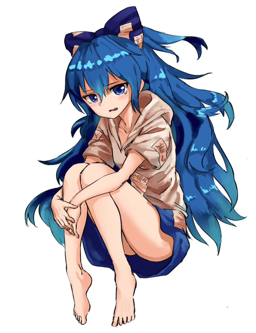 1girl absurdres bangs bare_legs barefoot blue_bow blue_eyes blue_hair blue_skirt bow collarbone full_body hair_between_eyes hair_bow highres hood hood_down knees_together_feet_apart long_hair looking_at_viewer nob1109 open_mouth short_sleeves simple_background skirt solo tears touhou very_long_hair white_background yorigami_shion