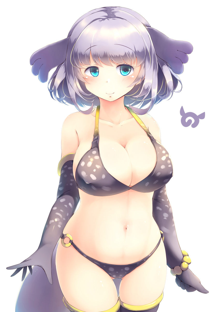 1girl absurdres animal_ears animal_print bikini blue_eyes breasts cleavage collarbone commentary_request elbow_gloves eyebrows_visible_through_hair gloves grey_hair highres japari_symbol kanzakietc kemono_friends large_breasts looking_at_viewer medium_hair navel o-ring o-ring_bikini seal_tail simple_background smile solo steller's_sea_cow_(kemono_friends) swimsuit tail thigh-highs thigh_gap white_background
