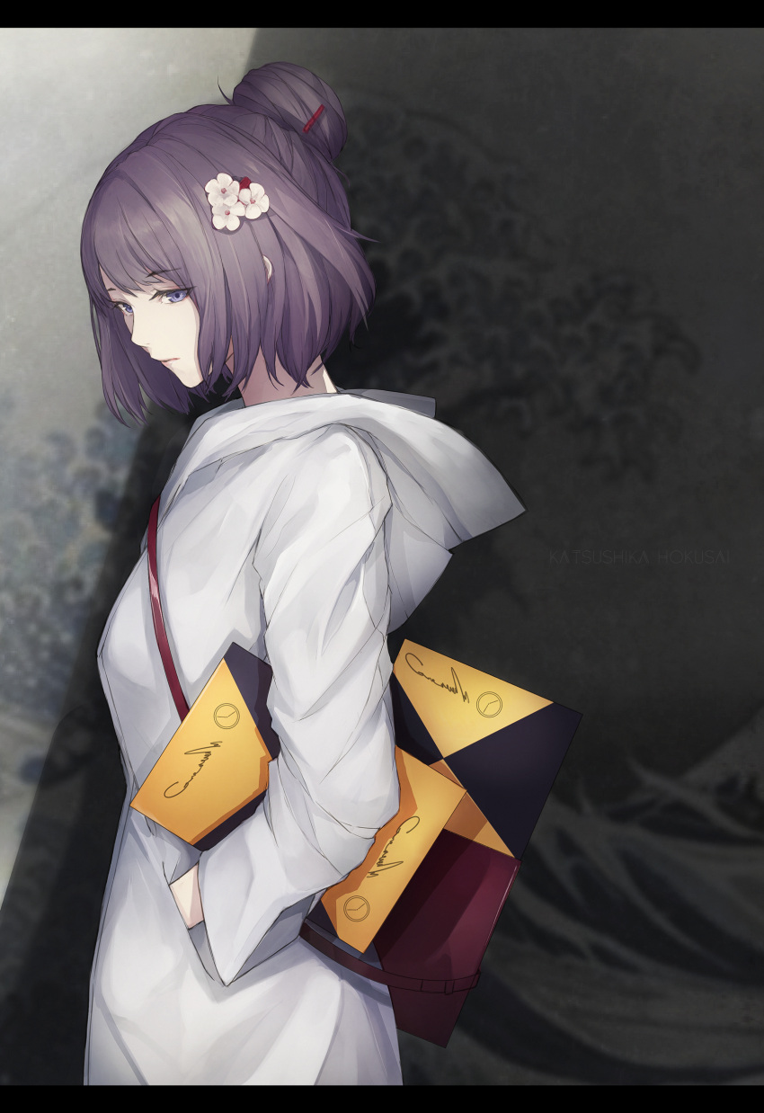 1girl absurdres bag bangs breasts character_name closed_mouth commentary_request eyebrows_visible_through_hair fate/grand_order fate_(series) flower from_side hair_bun hair_flower hair_ornament hairclip hand_in_pocket highres hood hood_down hoodie katsushika_hokusai_(fate/grand_order) letterboxed looking_away marumoru purple_hair short_hair shoulder_bag small_breasts solo violet_eyes white_flower white_hoodie