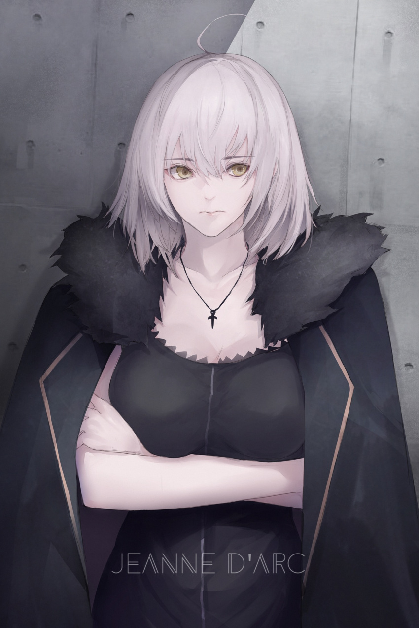 1girl ahoge bangs black_dress black_jacket breasts brown_eyes character_name collarbone commentary_request dress eyebrows_visible_through_hair fate/grand_order fate_(series) fur-trimmed_jacket fur_trim hair_between_eyes highres jacket jeanne_d'arc_(alter)_(fate) jeanne_d'arc_(fate)_(all) looking_at_viewer marumoru medium_breasts open_clothes open_jacket silver_hair sleeveless sleeveless_dress solo wicked_dragon_witch_ver._shinjuku_1999
