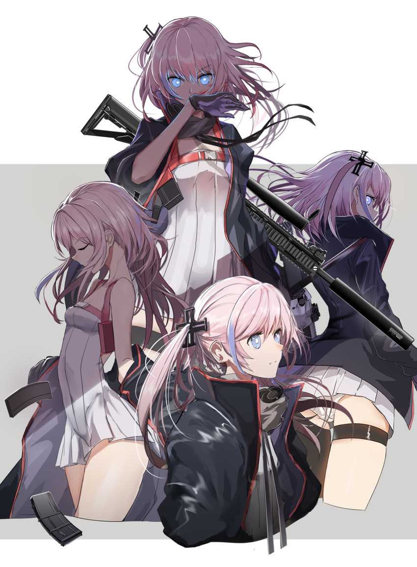 1girl absurdres ar-15 ass asymmetrical_legwear bangs bare_shoulders black_jacket black_legwear blood blood_on_face blue_eyes blush breasts closed_eyes closed_mouth collarbone commentary cropped_legs dress eyebrows_visible_through_hair girls_frontline gloves grey_background gun hair_between_eyes hair_ornament highres jacket long_hair long_sleeves magazine multiple_views object_namesake open_clothes open_jacket panties pink_hair pleated_dress profile purple_gloves ribbed_dress rifle single_thighhigh sleeveless sleeveless_dress small_breasts st_ar-15_(girls_frontline) swav thigh-highs thigh_strap twintails two-tone_background underwear very_long_hair weapon weapon_on_back white_background white_dress white_panties